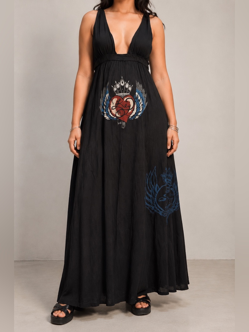 Vintage Y2K Key Closet LA Graphic Plunge Maxi Dress Goth Emo Small